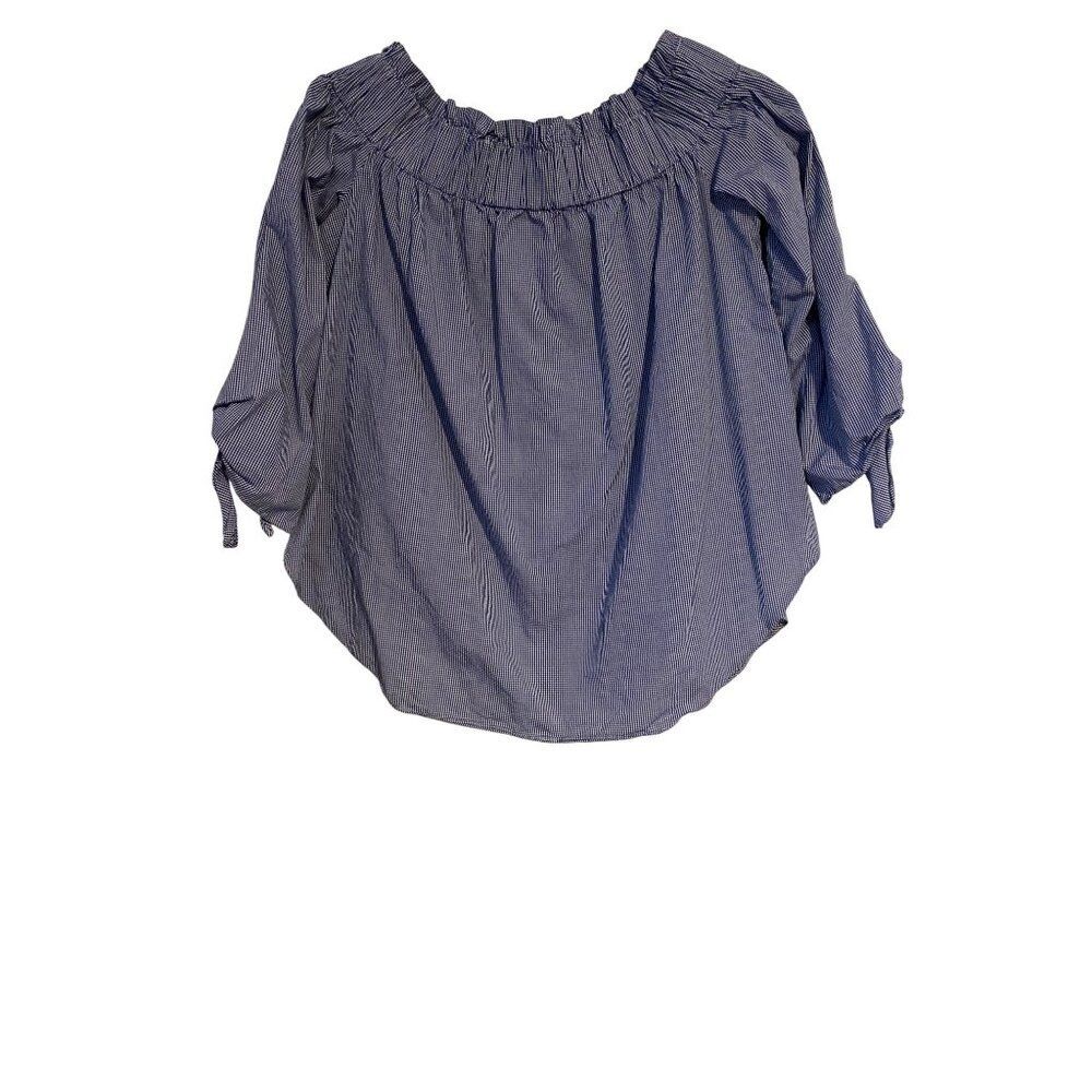 H&M Women Blue & White Gingham Off-Shoulder Cotton Top Feminine Cottage Comfy